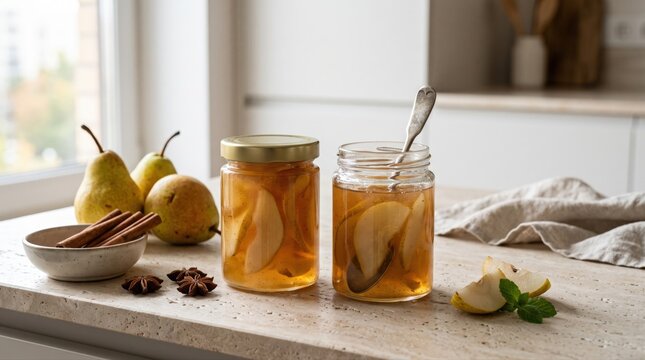 Homemade pear compote in glass jars is presented with fresh pears and spices. This natural, seasonal preserve highlights healthy eating and delicious, traditional autumn flavors.