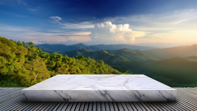 Empty marble presentation platform overlooking mountain landscape with platform
