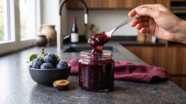 A hand spoons fresh, homemade plum jam into a glass jar on a modern kitchen counter. This artisanal food preparation emphasizes natural ingredients and culinary tradition.