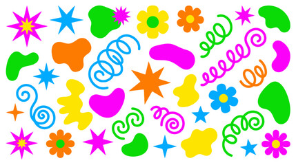 Fototapeta premium Set of colorful retro 90s style abstract shapes, doodles, flowers, and stars