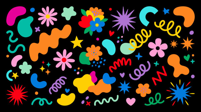 Abstract colorful doodle shapes set, hand drawn trendy vector elements, vibrant geometric and organic forms, playful decorative icons for modern design, stickers, and patterns