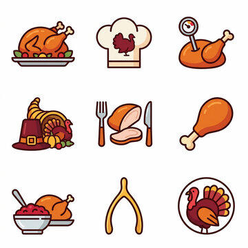 Set of Thanksgiving holiday dinner icons featuring turkey food and seasonal celebration elements.