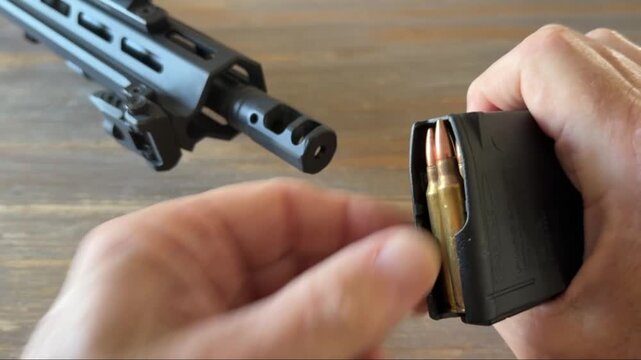 Loading the magazine of an AR-15 rifle with 5.56 cartridges.  The muzzle of the rifle can be seen in the background.