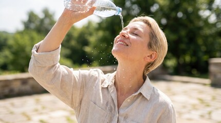 Naklejka premium Smiling woman pouring fresh water on her face to cool down on a hot summer day. Refreshing heat relief concept with water bottle outdoors