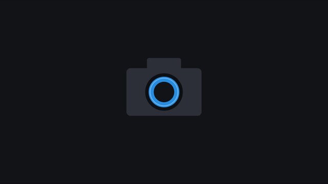 Minimalist camera animation with pulsing blue lens focus effect on dark 4k background, digital