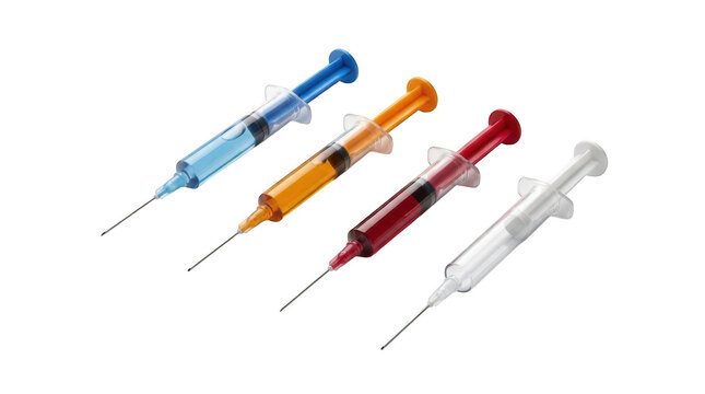 Set of colorful medical syringes isolated on transparent background