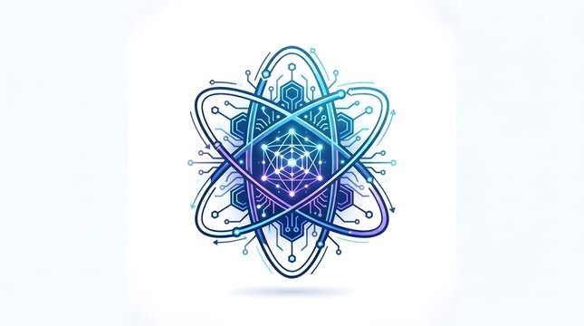 Abstract Quantum Computing Atom Symbol with Futuristic Circuit Board Pattern