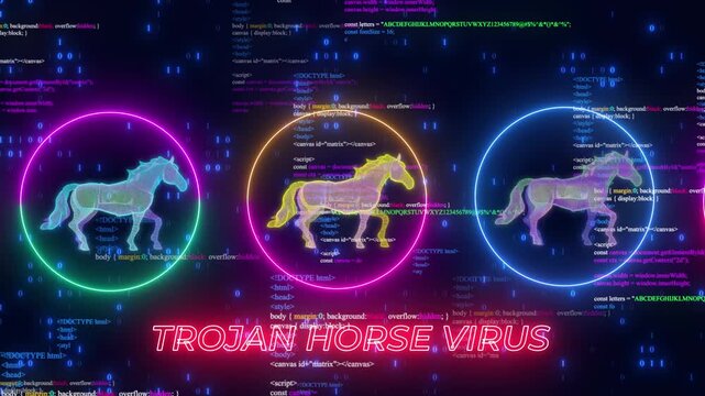 Futuristic Trojan Horse Virus Cybersecurity Concept Featuring Glowing Particle Horses Running Inside Vibrant Neon Rings Set Against A Dark Digital Background Filled With Binary Code And Computer