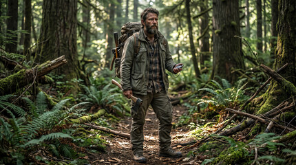 Obraz premium Rugged male survivalist with axe navigating a dense forest using compass