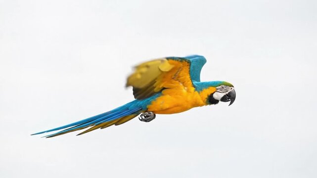 Blue and Yellow Macaw Parrot Flying in Slow Motion Isolated on White Background