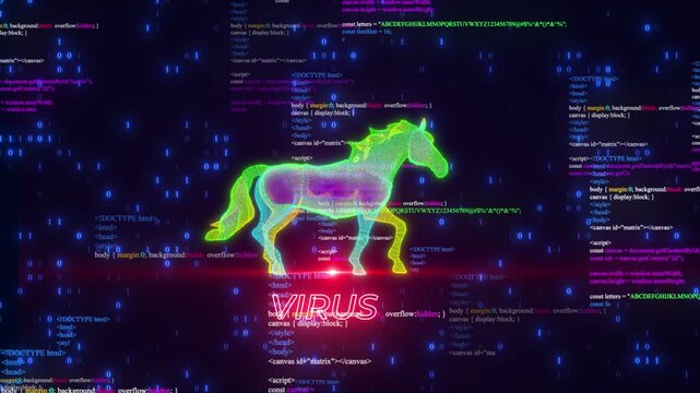 Abstract Glowing Digital Trojan Horse Cybersecurity Threat Concept Featuring Colorful Programming Source Code And Floating Binary Data On Dark Blue Background With Neon Red Virus Text Illustration