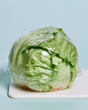 Fresh iceberg lettuce head sealed in a clear plastic clamshell on a white board for grocery and food safety concepts with copy space