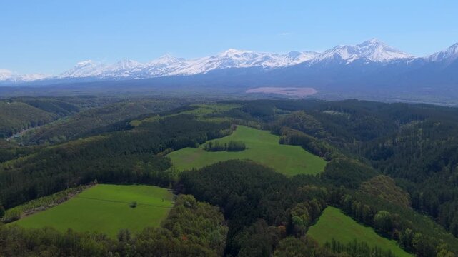 Aerial view of lush green fields and dense forests in Furano, with the snow-capped Daisetsuzan mountain range in the background under a clear blue sky in Furano, Hokkaido, Japan.