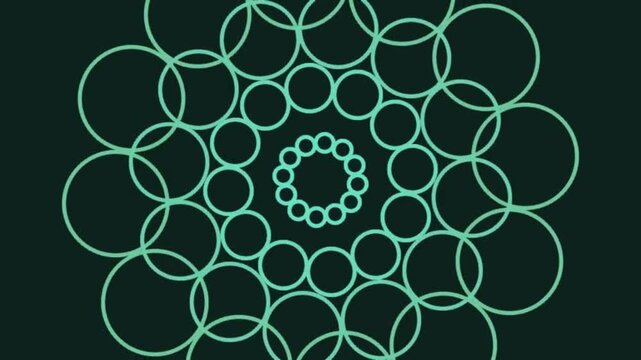 Circular geometric pattern zooming and converging in bright green rings forming a mandala like design in a dark background