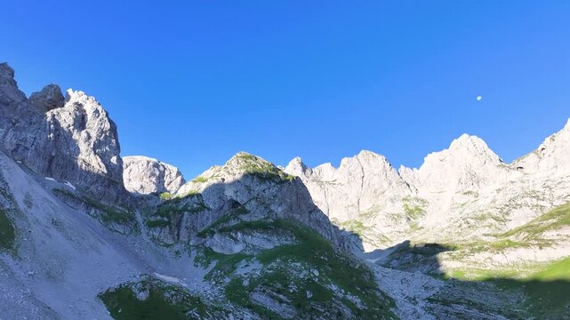 Albanian alps Jezerca lakes morning light in clear sky