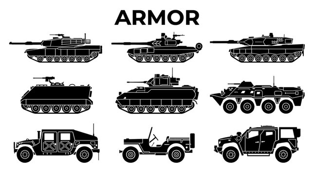 Set of black military armor vehicle silhouettes including tanks and armored cars isolated on white