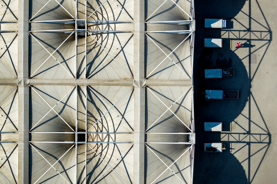 Aerial view of the geometric tensile roof structure of a modern building in Belgrade, City of Belgrade, Serbia.