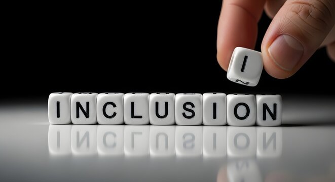 Inclusion concept with letter blocks and hand placing cube
