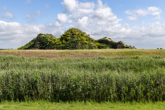 View of the Dijk van een wijf grassy mound surrounded by lush green reeds and a field under a bright blue sky with scattered clouds in Oosterbierum, Friesland, Netherlands.
