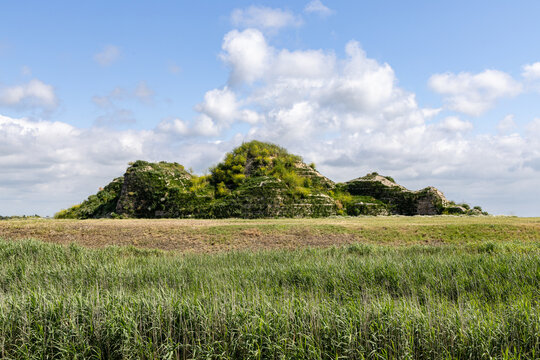 View of the Dijk van een wijf, a grassy mound covered in lush vegetation set within a flat landscape under a bright blue sky with scattered clouds in Oosterbierum, Friesland, Netherlands.