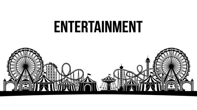 Amusement Park Silhouette with Ferris Wheel and Roller Coaster Illustration