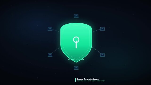 Premium 4K animation of remote employees connecting to enterprise resources through an encrypted VPN hub, with multi-factor verification badges and dashboards tracking every protected session.