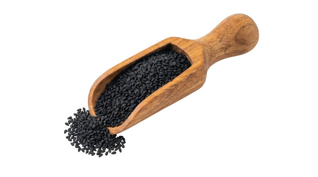 Black cumin seeds in a wooden scoop isolated on transparent background