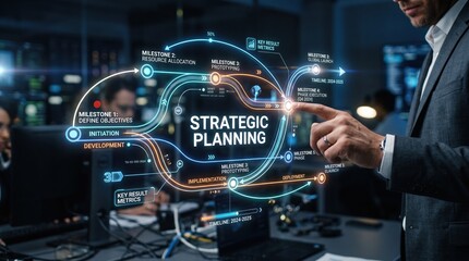 Fototapeta premium Digital Visionary Business leader engaging with an advanced holographic strategic planning system, optimizing corporate strategy, data analysis, and future decision-making processes