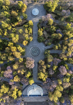 Aerial view of Alameda Central featuring lush trees, paved walkways, and a central fountain in Ciudad de Mexico, Ciudad de Mexico, Mexico.