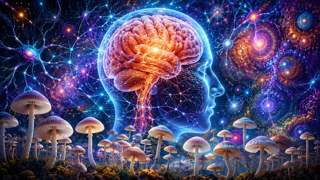 Psychedelic brain concept with mushrooms representing altered consciousness neuroscience creativity and mental exploration