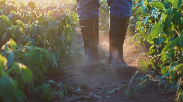 Farmer in rubber boots walking in soybean field at sunset