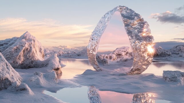 夕暮れの雪原に立つ氷の円環。光り輝く結晶の質感と水面の反射。幻想的な冬の抽象風景
