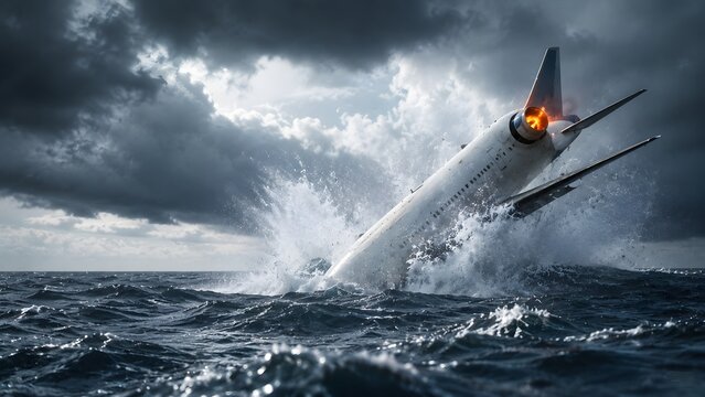 Aircraft crash into stormy ocean illustrating aviation disaster emergency rescue transportation risk and crisis scenario