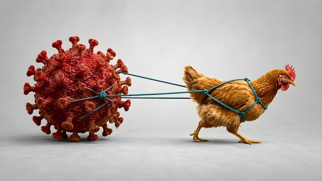 Bird pulling virus concept illustrating zoonotic disease transmission pandemic origins and infectious disease research