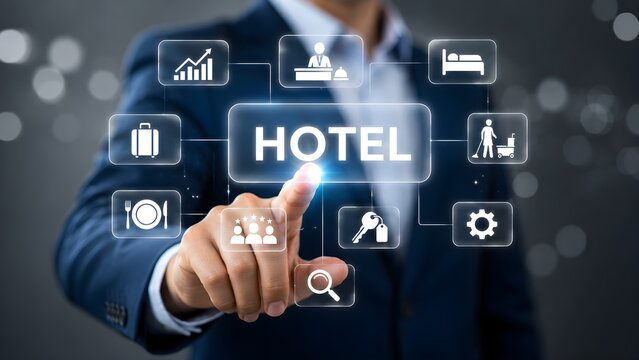 Digital hotel management interface representing hospitality technology booking automation and guest service innovation