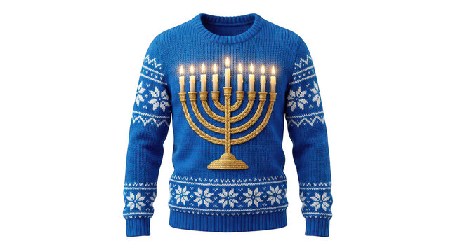 Blue knitted sweater with a golden menorah design isolated on transparent background