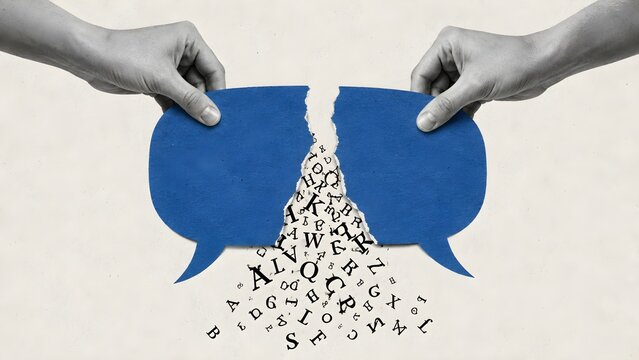 Broken communication concept with torn speech bubbles symbolizing misunderstanding conflict dialogue failure and information loss