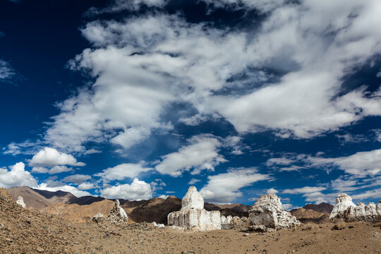 Whitewashed chortens (Tibetan Buddhist stupas) in Ladakh, Jammu and Kashmir, India