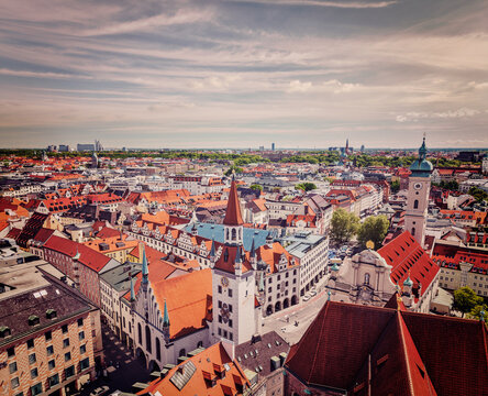 Vintage retro effect filtered hipster style travel scene of aerial view of Munich - Marienplatz and Altes Rathaus, Bavaria, Germany
