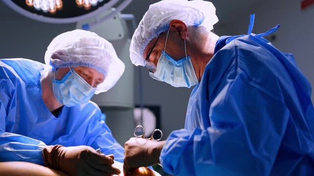 Two doctors cooperate at surgery on traumatized heel. Professional doctors apply metal tools at operation.