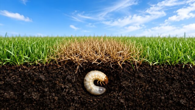 White grub beneath grassy soil illustrating underground insect life agriculture pest biology and ecosystem processes