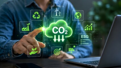 Obraz premium Carbon footprint reduction dashboard with ESG sustainability metrics and green business performance analytics
