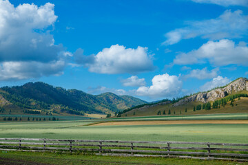 Obraz premium Idyllic green valley with rolling hills and blue sky