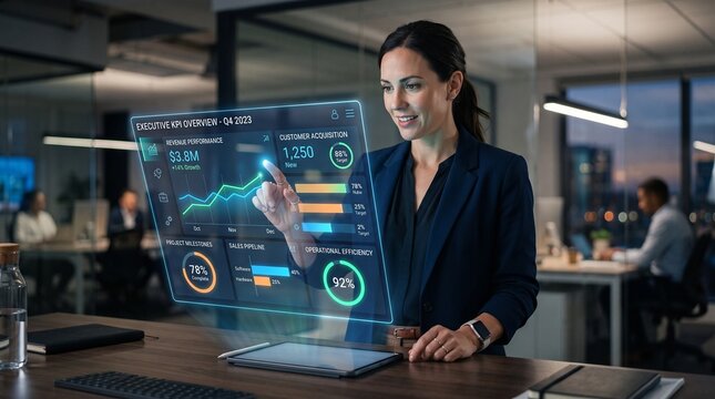 Business professional using KPI dashboard with AI-powered performance analytics, sales growth data, and risk indicators to drive financial strategy and operational optimization in corporate setting