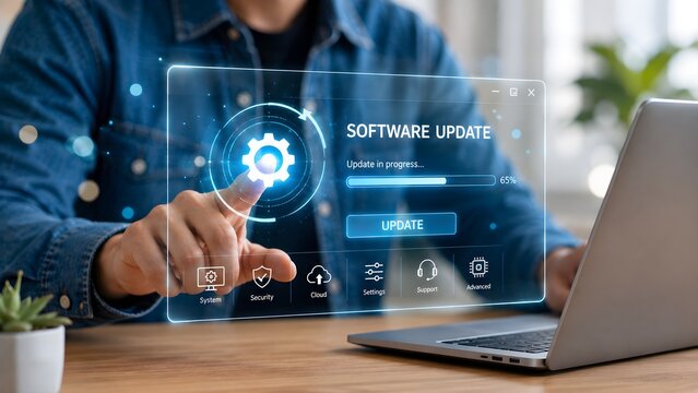 Software update concept on laptop with digital interface representing system maintenance cybersecurity and technology