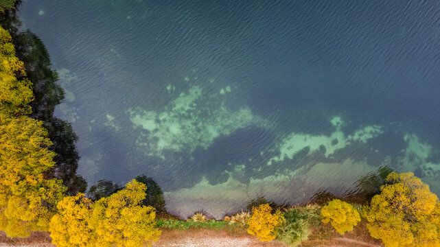 Aerial view of Wairepo Arm showing clear turquoise water and vibrant yellow autumn trees along the shoreline in Twizel, Canterbury Region, New Zealand.