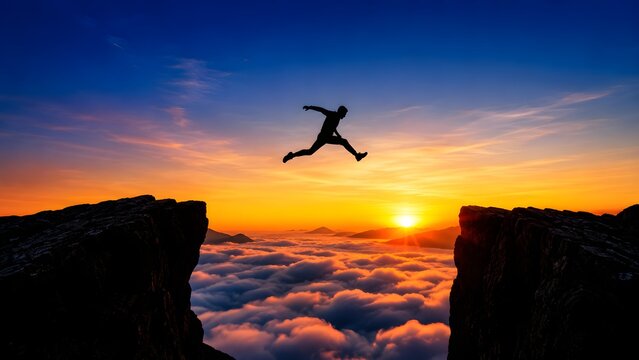 Business risk opportunity concept with person jumping across cliff at sunrise symbolizing courage growth and success