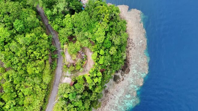Aerial view of the coastal road at Lubang Buaya Morella surrounded by lush tropical greenery and turquoise waters in Leihitu, Maluku, Indonesia.