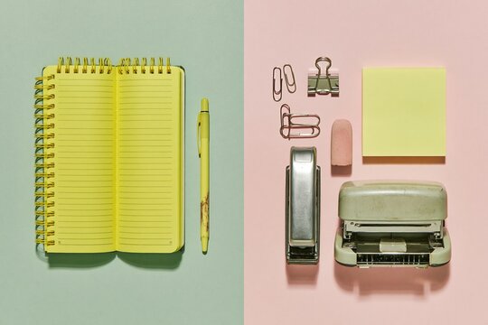 Open yellow spiral notebook with stationery essentials on a pastel split background, featuring a neat flat lay arrangement for productivity and office marketing