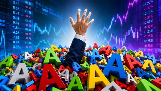 Artificial intelligence disruption concept with falling alphabet letters and financial market chart representing AI driven transformation